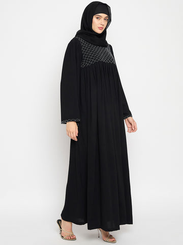 Nabia Black Solid Luxury Abaya Burqa with Hand Work Detailing for Women