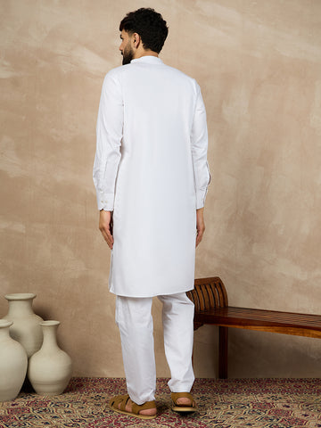 Nabia Solid White Cotton Kurta and Pajama Set for Men with Mandarin Collar