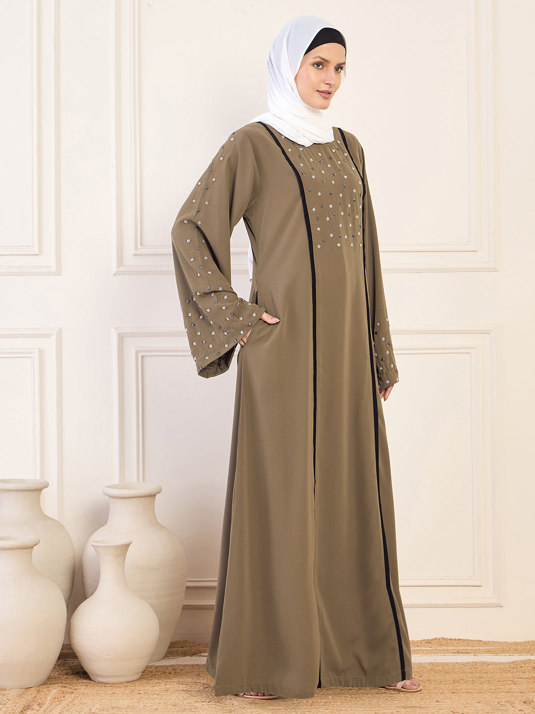 Nabia Oat(Khaki) Solid Luxury Handwork & Black Piping Detailing Abaya Burqa for Women With White Hijab