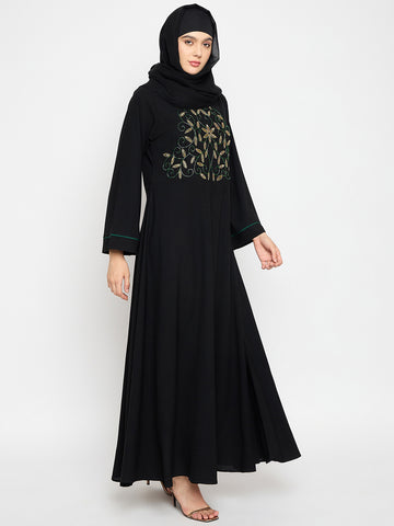 Hand Work Detailing Black Solid Luxury Abaya Burqa for Women With Black Hijab