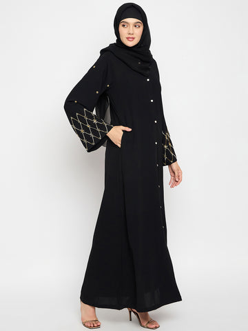 Nabia Nida Matte Black Solid Luxury Abaya Burqa For Women With Hand Work Detailing