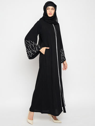 Nabia Women Black Solid Luxury Abaya Burqa With Hand Work Detailing