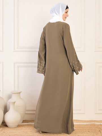 Nabia Oat(Khaki) Solid Luxury Handwork & Black Piping Detailing Abaya Burqa for Women With White Hijab