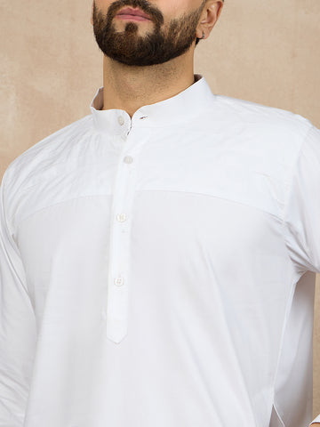 Nabia Solid White Cotton Kurta and Pajama Set for Men with Mandarin Collar