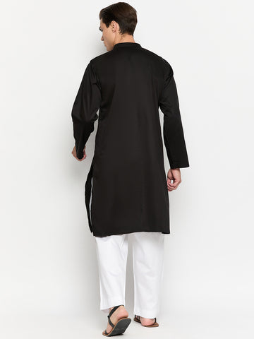 Black Solid Men's Kurta Pajama Set With Embroidery Details