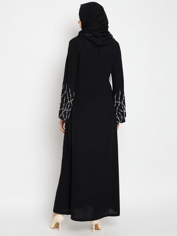 Nabia Women Black Solid Luxury Abaya Burqa With Hand Work Detailing