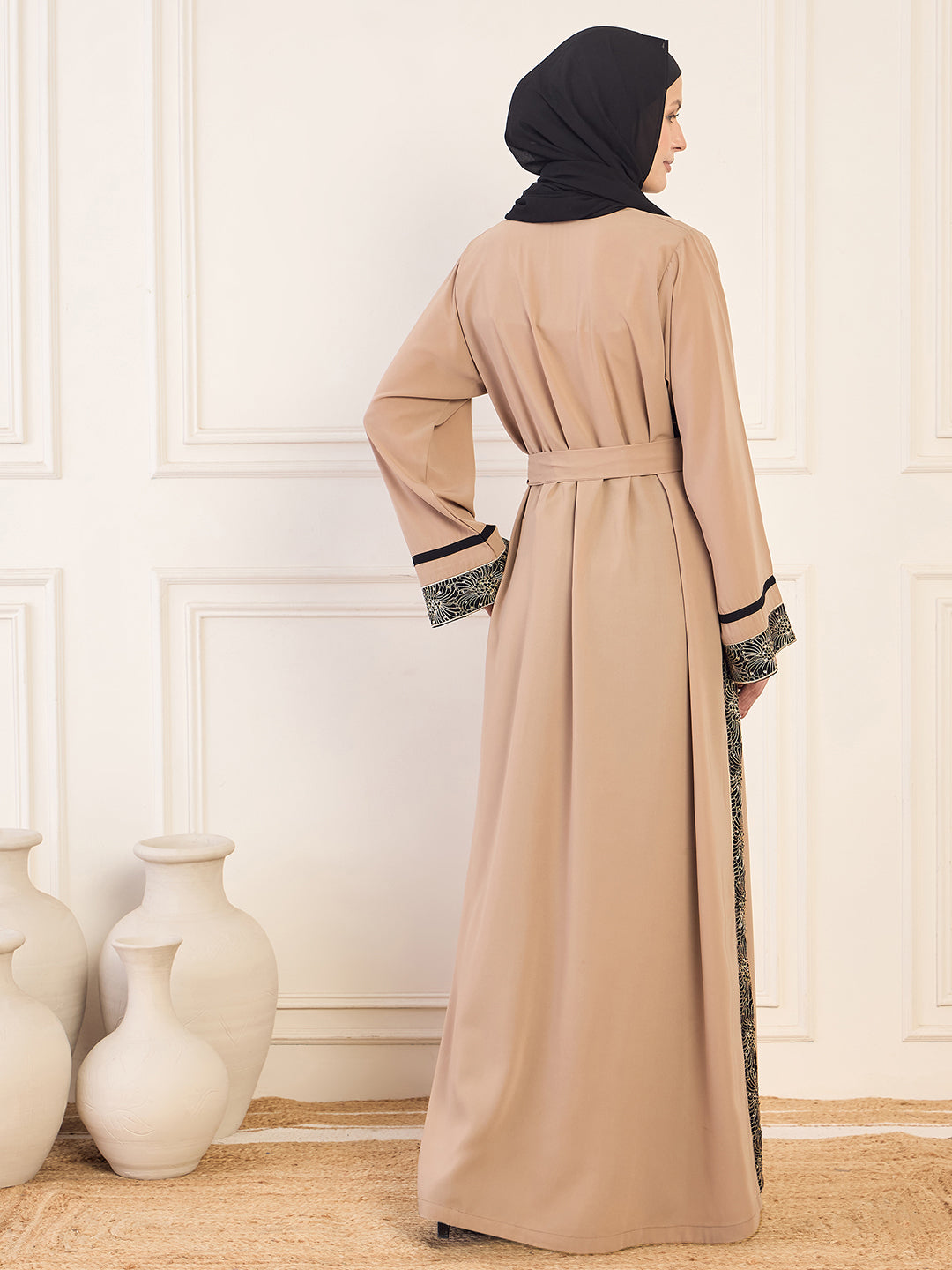 Nabia Beige Solid Luxury Handworked Abaya Burqa for Women with Black Hijab