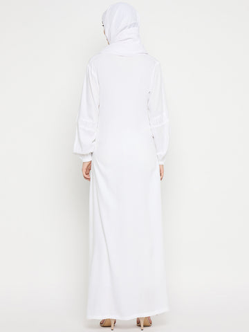 White Rayon V-Neck Solid Abaya with Black Hijab for Women