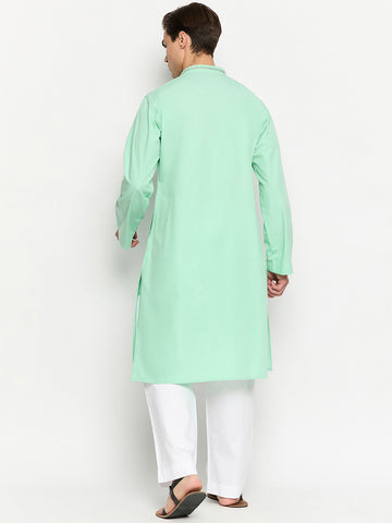 Sea Green Solid Embroidery Details Kurta For Men