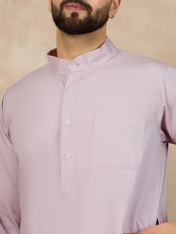 Nabia Solid Lavender Color Cotton Kurta and White Pajama Set for Men with Mandarin Collar