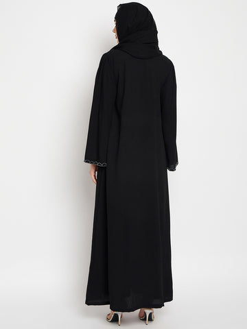 Nabia Black Solid Luxury Abaya Burqa with Hand Work Detailing for Women