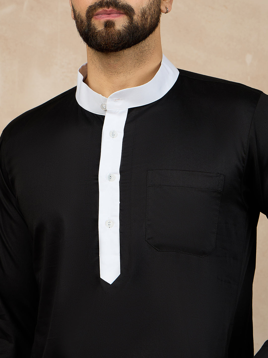 Nabia Solid Mandarin Collar Cotton Black Kurta and White Pajama Set For Men