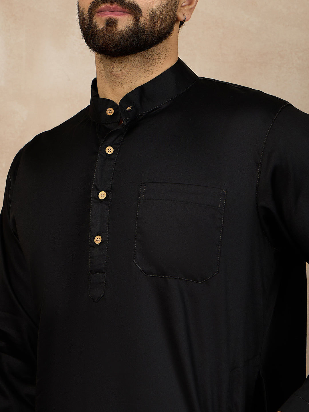 Nabia Black Solid Mandarin Collar Cotton Kurta For Men