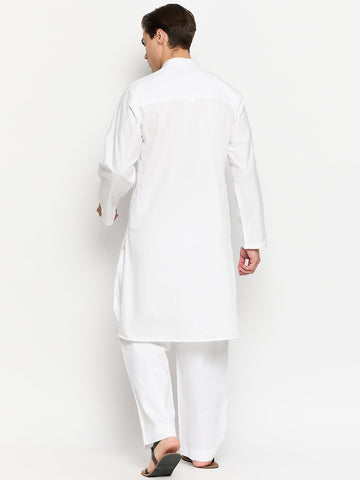 White Solid Men's Kurta With Embroidery Details