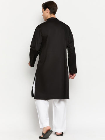 Embroidery Details Solid Long Sleeves Black Kurta For Men