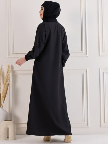 Nabia Front Open Zip-Closure Black Abaya Burqa With Black Georgette Hijab