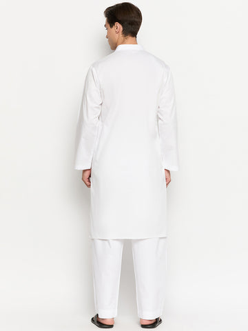 Cotton Fabric White Solid Kurta Pajama Set For Men