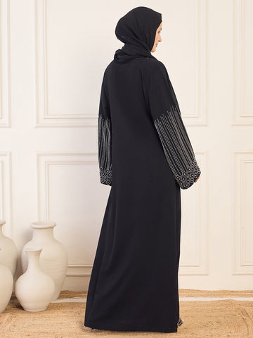 Nabia Black Solid Luxury Handworked Abaya Burqa for Women with Black Hijab