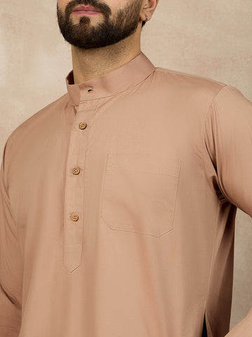 Nabia Beige Solid Mandarin Collar Cotton Kurta For Men