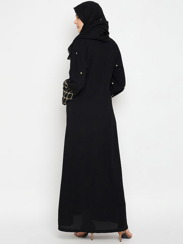 Nabia Nida Matte Black Solid Luxury Abaya Burqa For Women With Hand Work Detailing