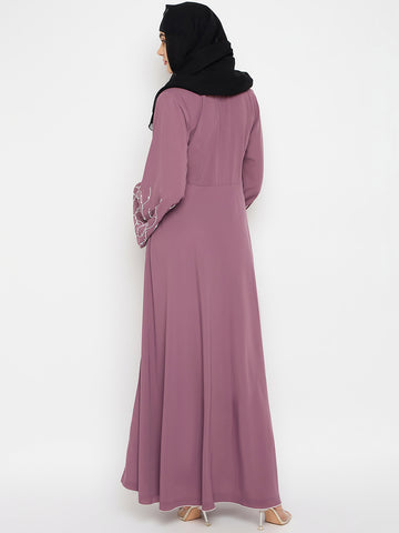 Hand Work Detailing Pink Solid Luxury Abaya Burqa for Women With Black Hijab