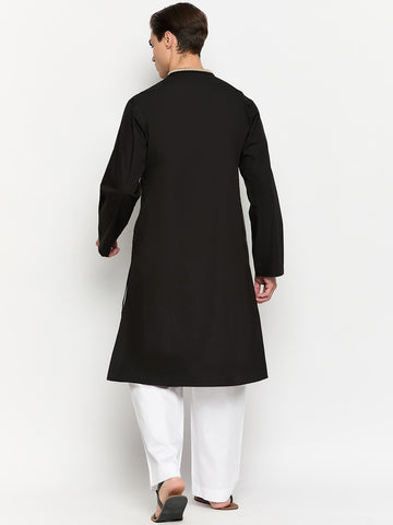 Black Solid Embroidery Details Men's Kurta With Long Sleeves