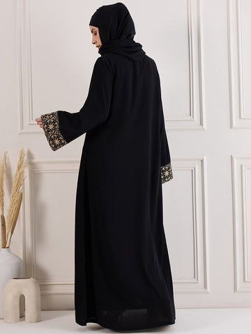 Nabia Black Solid Embroidered Shrug Set with Inner & Matching Black Hijab for Women