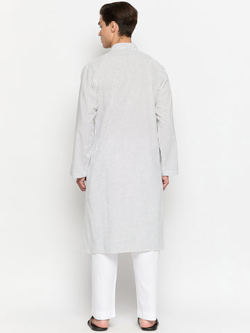 Cotton Fabric White Polka Dot Printed Kurta Pajama Set For Men