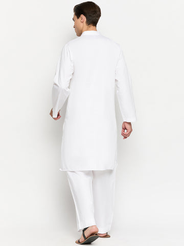 White Solid Cotton Fabric Embroidery Details Men's Kurta Pajama Set