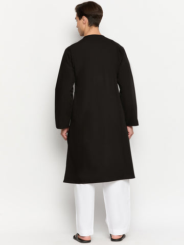 Black Solid Embroidery Details Men's Kurta