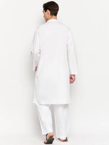 Thread Design White Solid Kurta For Men