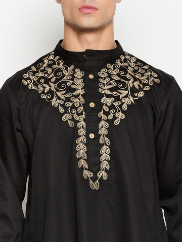 Black Solid Embroidery Details Kurta For Men