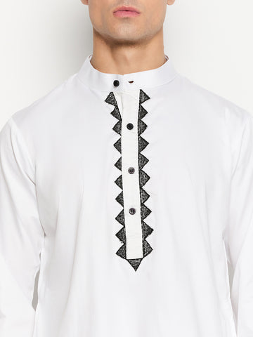 Embroidery Details Cotton Fabric Men's White Kurta Pajama Set