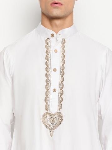 White Solid Men's Kurta With Embroidery Details