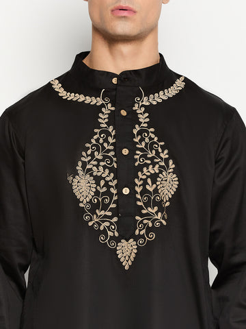 Embroidery Details Solid Black Kurta and White Pajama Set