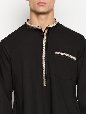 Black Solid Embroidery Details Men's Kurta With Long Sleeves