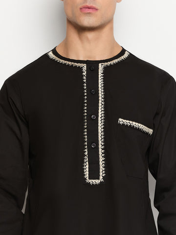 Black Solid Embroidery Details Men's Kurta