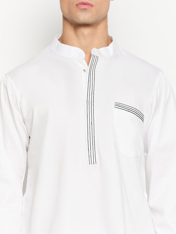 Thread Design White Solid Kurta For Men