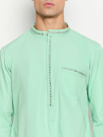 Sea Green Solid Embroidery Details Kurta For Men