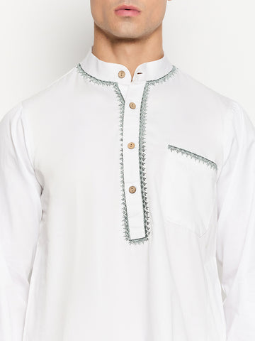 White Solid Embroidery Details Kurta For Men