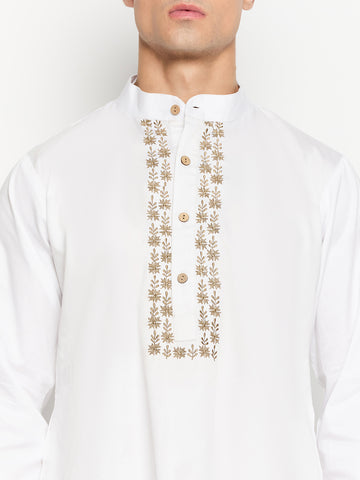 White Solid Embroidery Details Men's Kurta With Long Sleeves