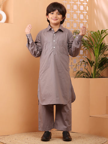 Nabia Grey solid Kids Boys Shirt Collar Pathani Kurta Pajama Set