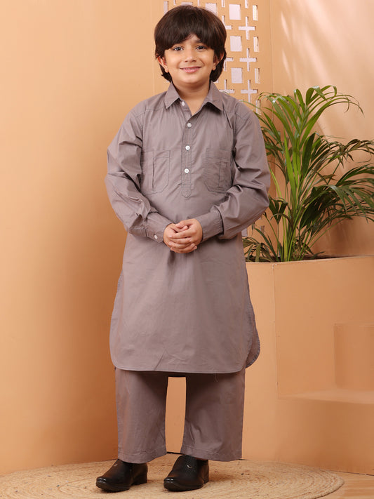 Nabia Grey solid Kids Boys Shirt Collar Pathani Kurta Pajama Set