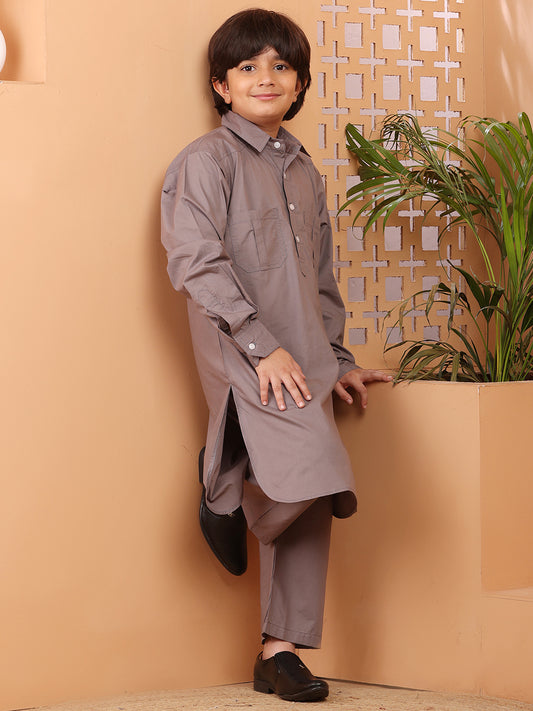 Nabia Grey solid Kids Boys Shirt Collar Pathani Kurta Pajama Set