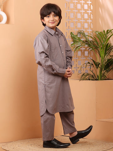 Nabia Grey solid Kids Boys Shirt Collar Pathani Kurta Pajama Set