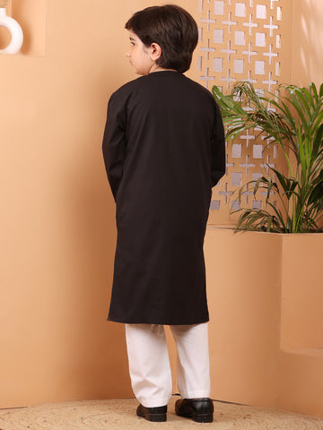 Nabia Black Solid Embroidery Detailing Kids Boy's Kurta Pajama Set