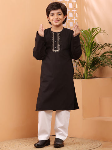 Nabia Black Solid Embroidery Detailing Kids Boy's Kurta Pajama Set