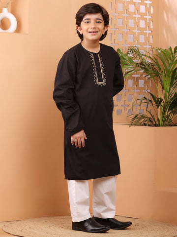 Nabia Black Solid Embroidery Detailing Kids Boy's Kurta Pajama Set