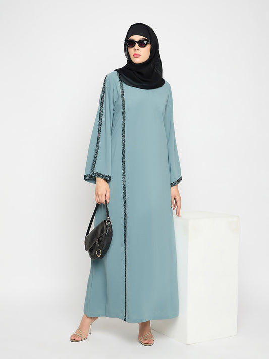 Nabia Crush Nida Sea Green Solid Luxury Abaya Burqa For Women With Hand Work Detailing