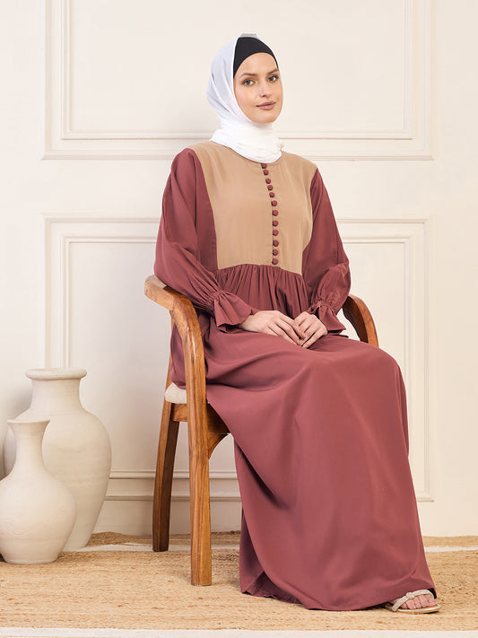 Nabia Rust and Beige Two Color Abaya Burqa With White Georgette Hijab